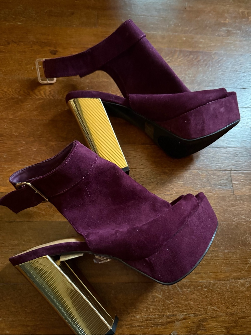 Charlotte Russe Burgundy Suede Platform Heels with Gold Block Heel